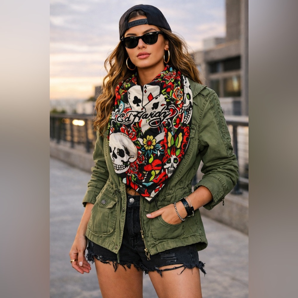 Huge Ed Hardy Black Floral Skull Bandana Scarf